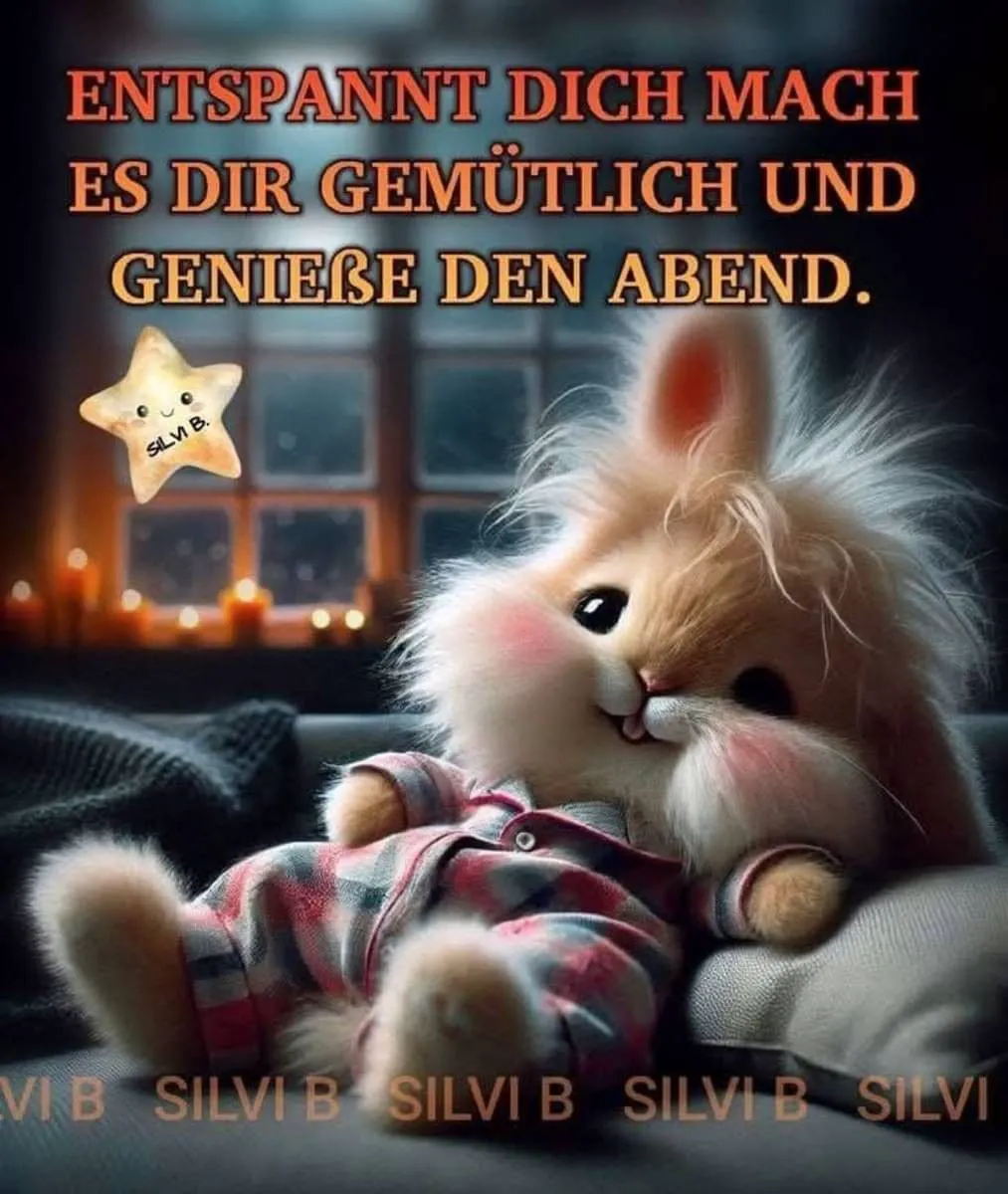 Ein niedliches Hasenbild mit einem gemütlichen Abendhintergrund und einem Stern, der einen freundlichen Gruß übermittelt.